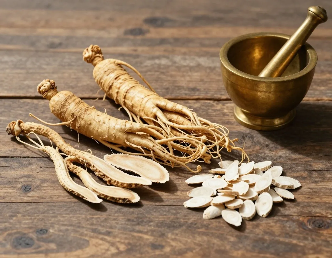 Botanical extracts on a warm wooden surface