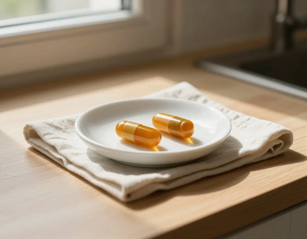 Capsules on a porcelain saucer