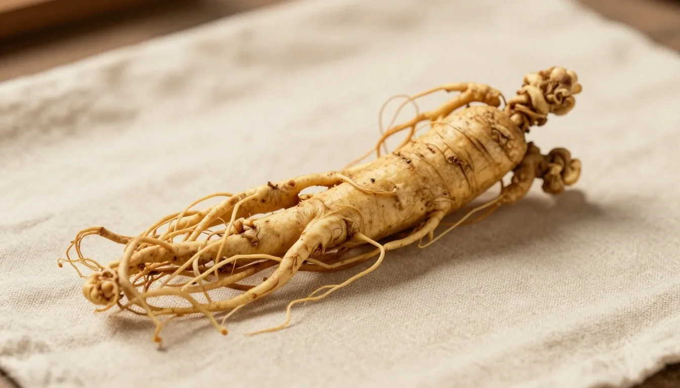 Ginseng root specimen on warm linen