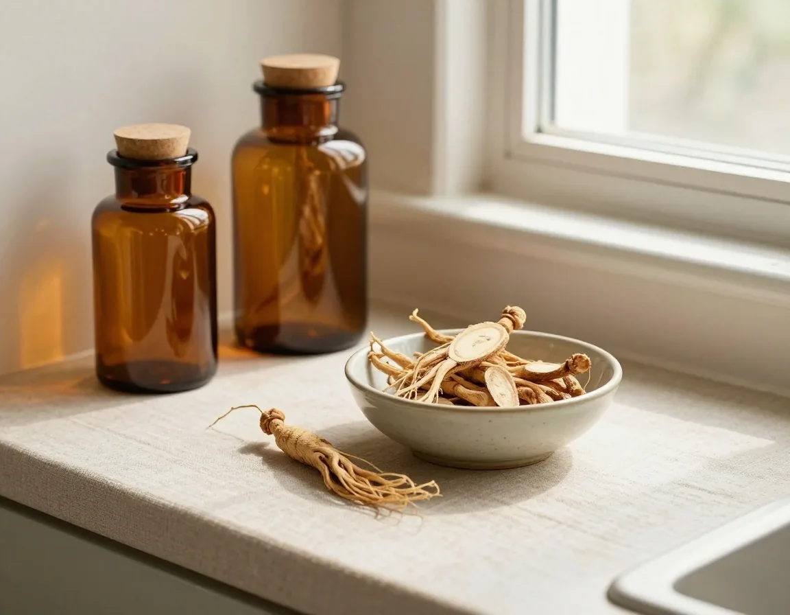 Supplement jars and capsules on warm linen