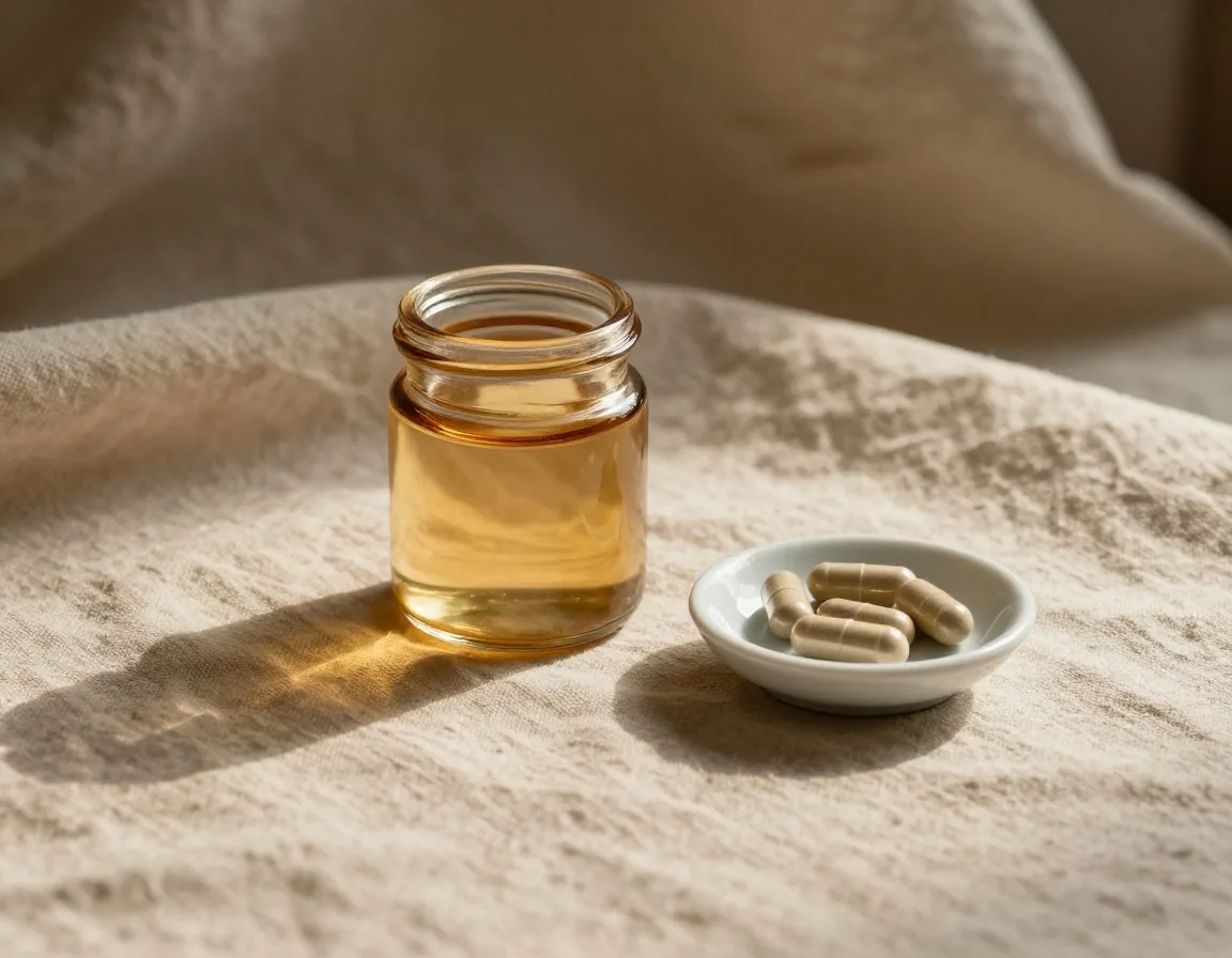 Vitamin capsules on warm linen