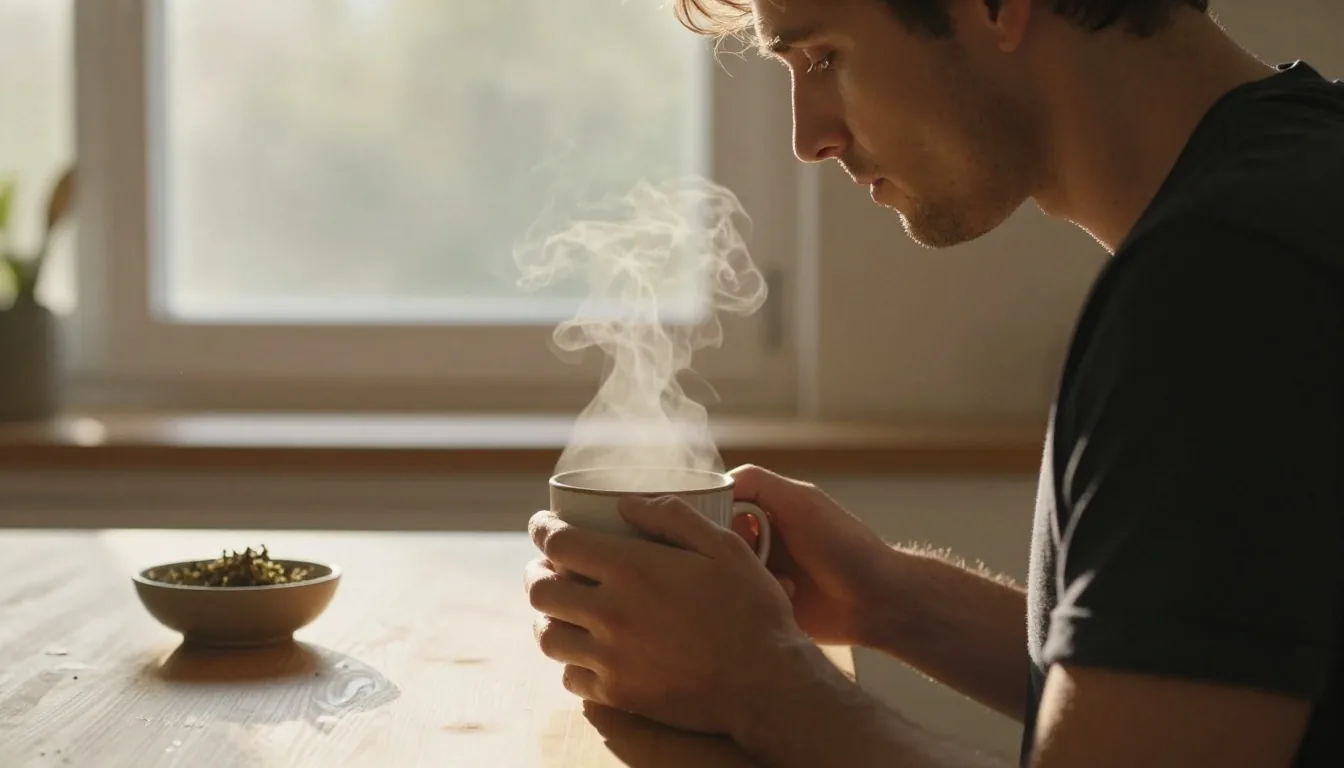 A man during his morning wellness routine in warm natural light