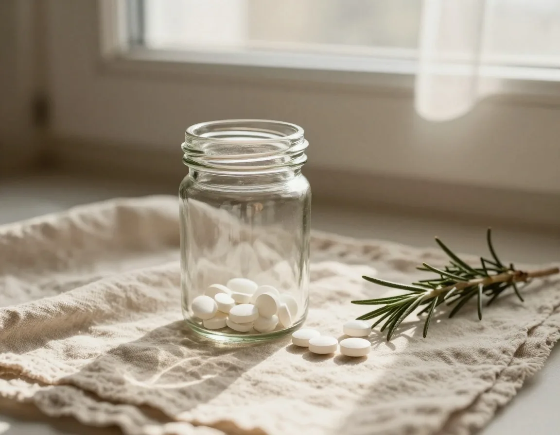 Amber jar with multivitamin tablets on warm linen