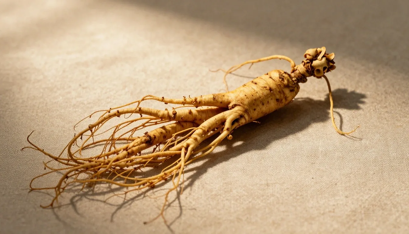 Dried ginseng root specimens on warm linen