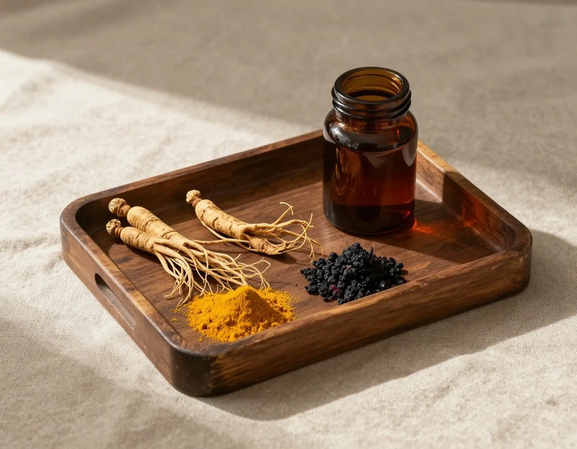 Dried herbs and amber bottle on warm linen
