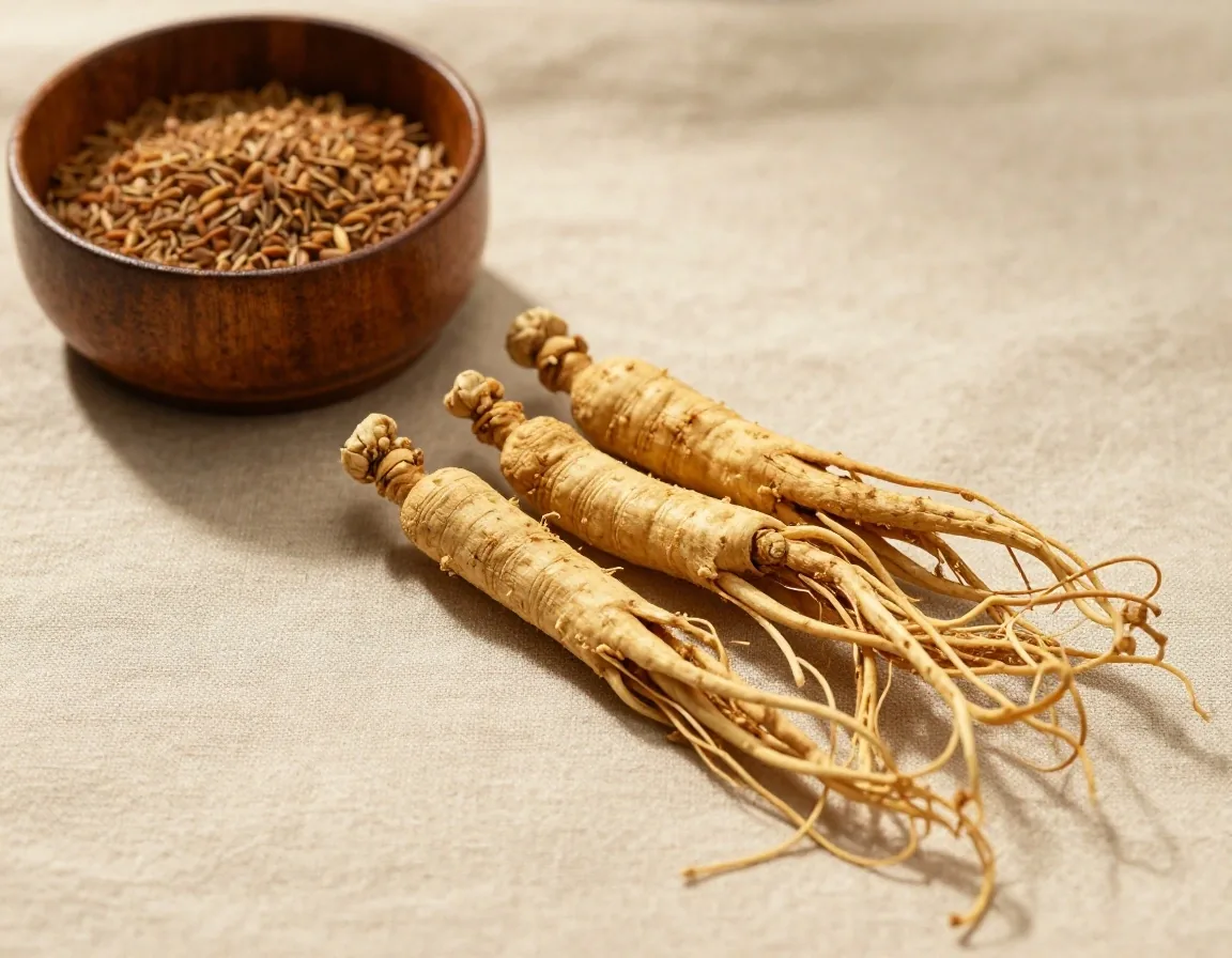 Dried ginseng and maca roots on warm linen