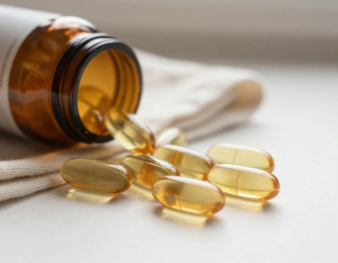 Golden softgel capsules on warm linen