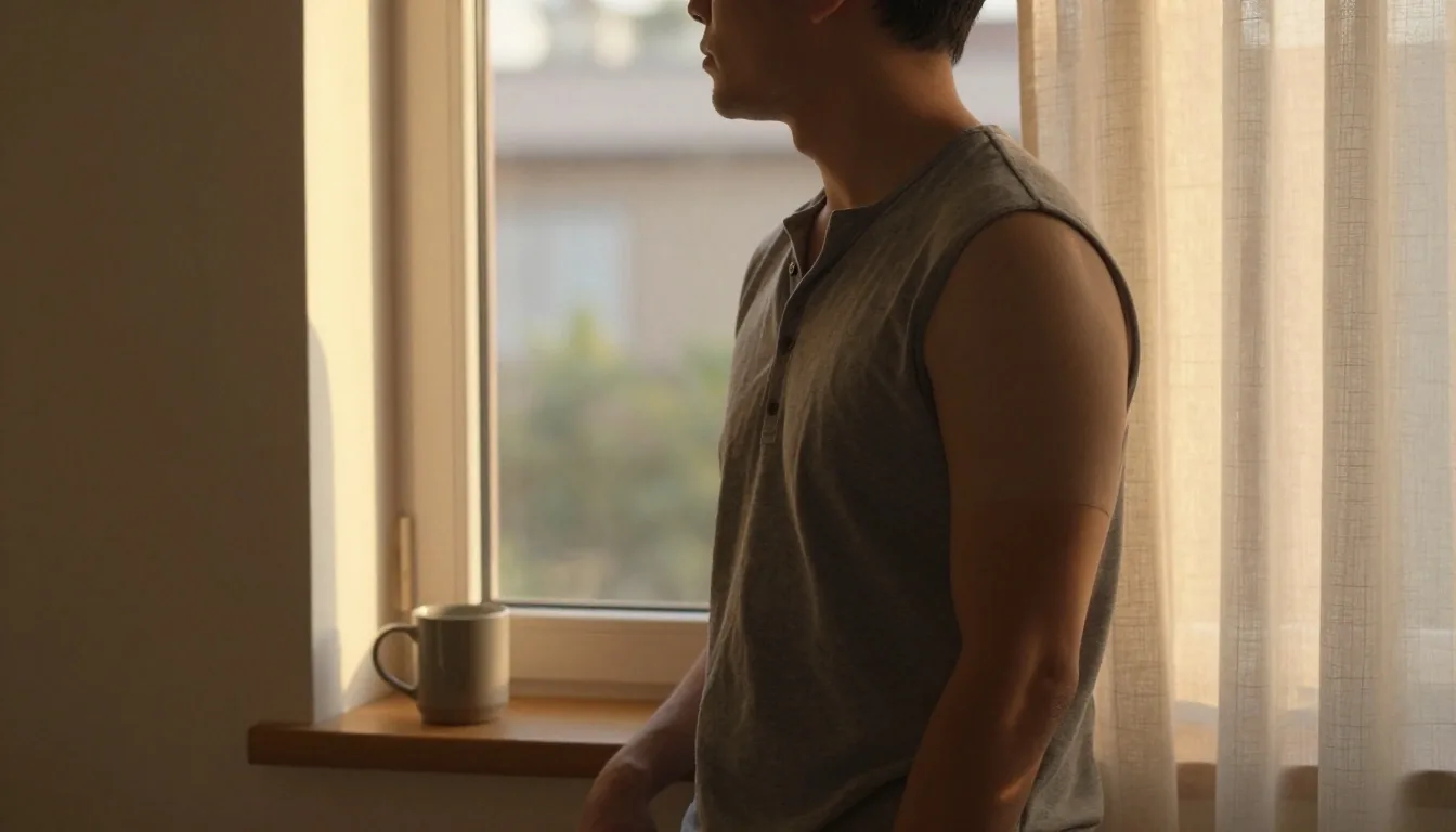 A man at his morning routine near a sunlit window