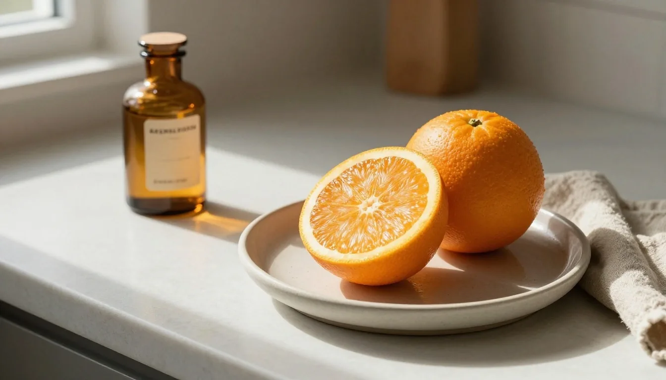 Fresh orange and zinc supplement on linen