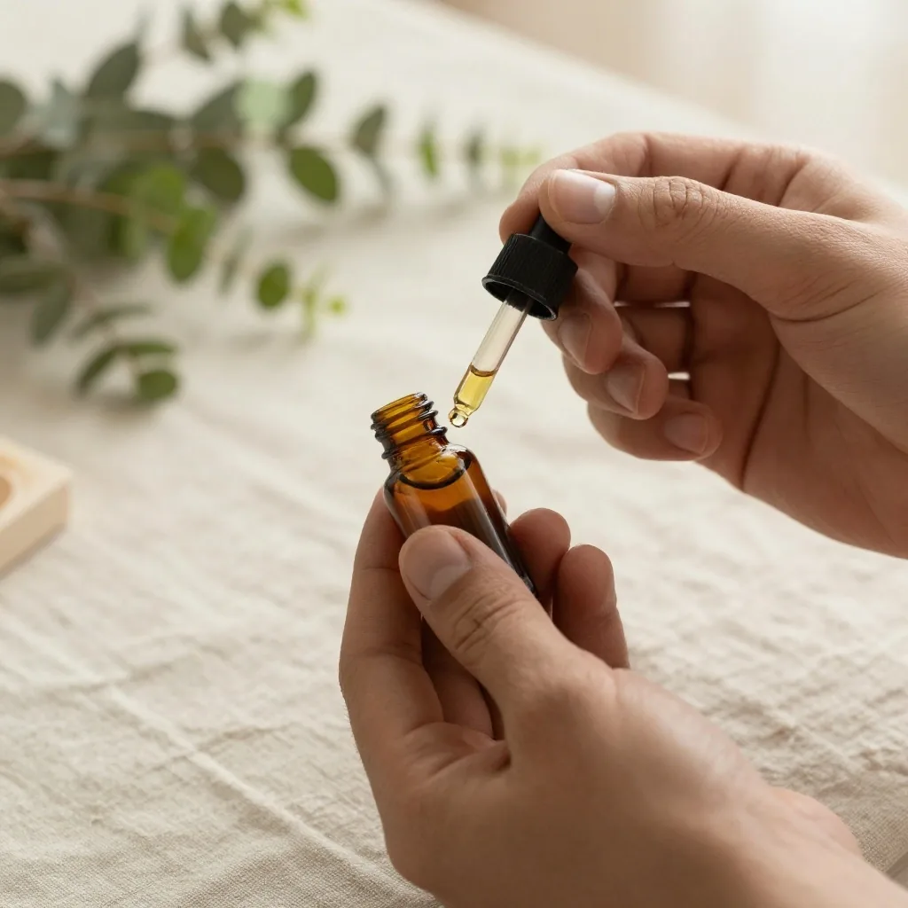 Liquid supplement in a dropper bottle on linen