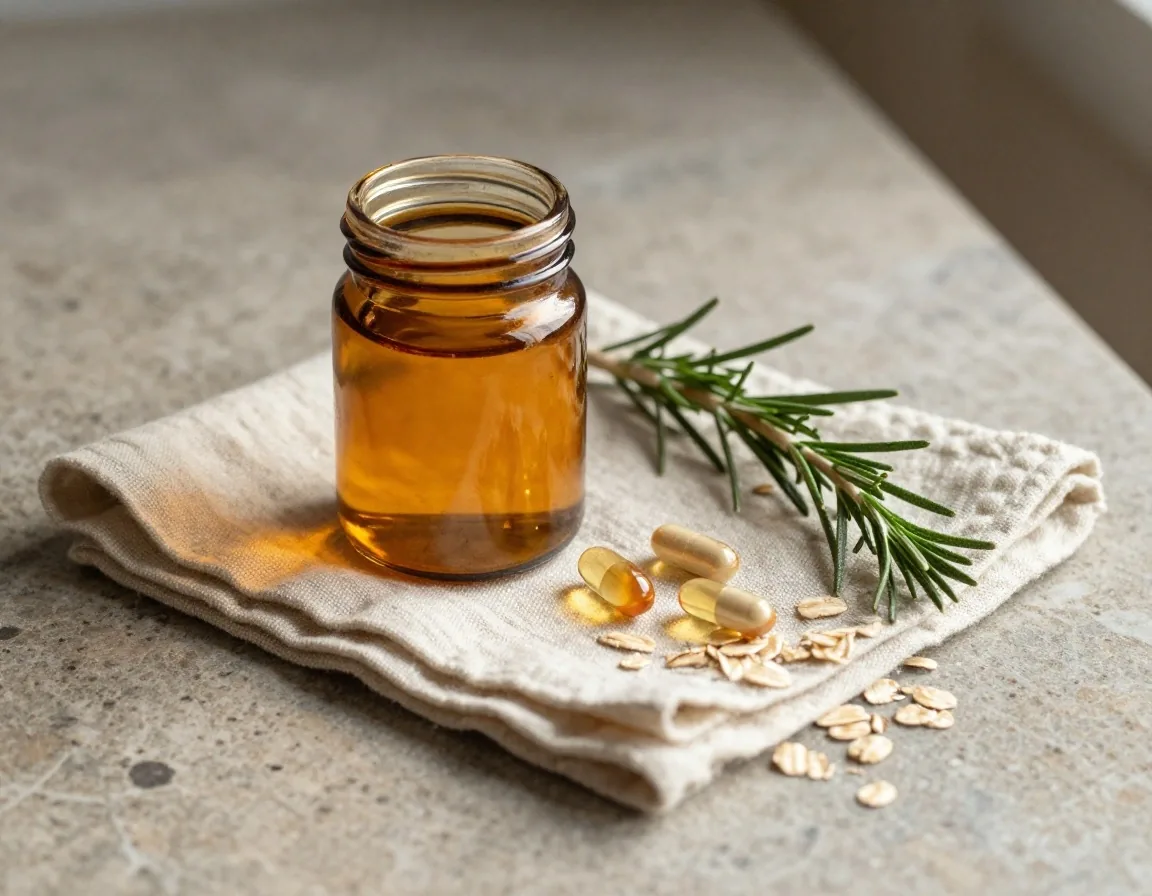 Vitamin D3 capsules in an amber jar on linen